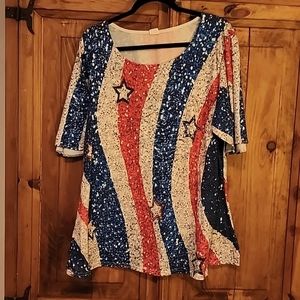 Women's pull over top red white and blue with stars